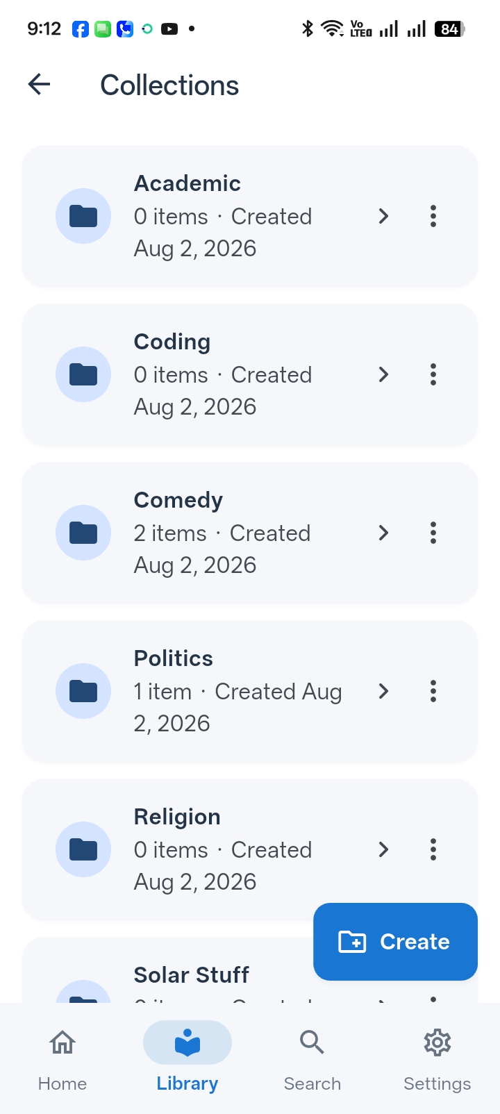RecallIt Collections screen listing Academic, Coding, Comedy, Politics, Religion, and other Collections