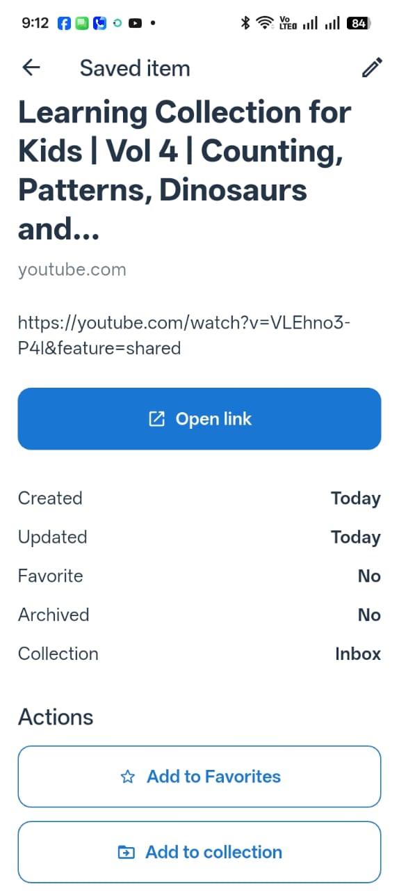 RecallIt saved-item detail screen with its source URL, local metadata, and organization actions
