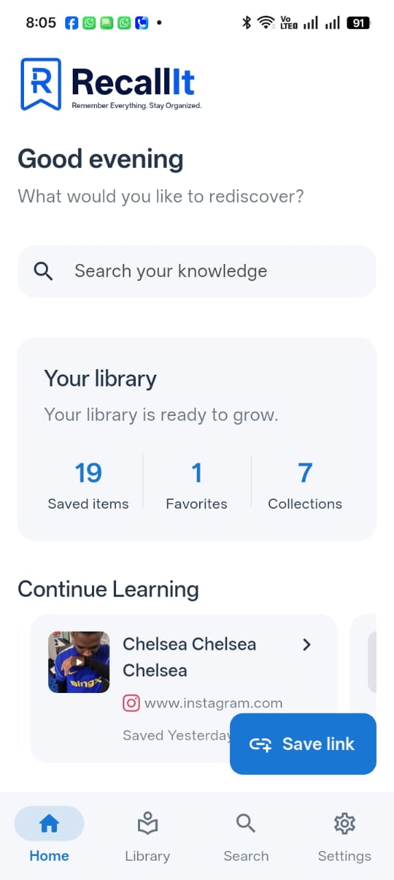 RecallIt home screen with a prominent local library search field and library statistics