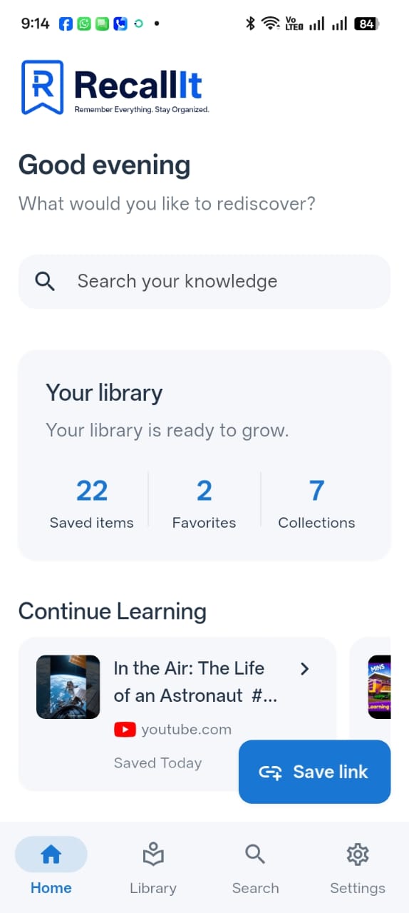 RecallIt home screen showing search, library totals, recent saved items, and bottom navigation