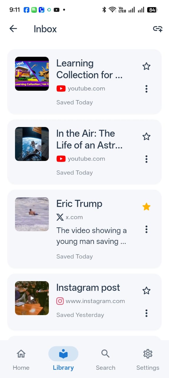 RecallIt Inbox screen showing locally saved YouTube, X, and Instagram items