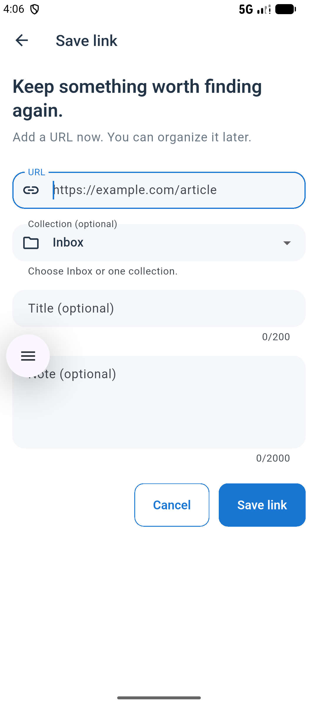 RecallIt Save link screen with fields for a URL, Collection, title, and note